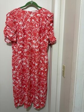 Maison Jules Coral Floral Midi Dress with Puff Sleeves